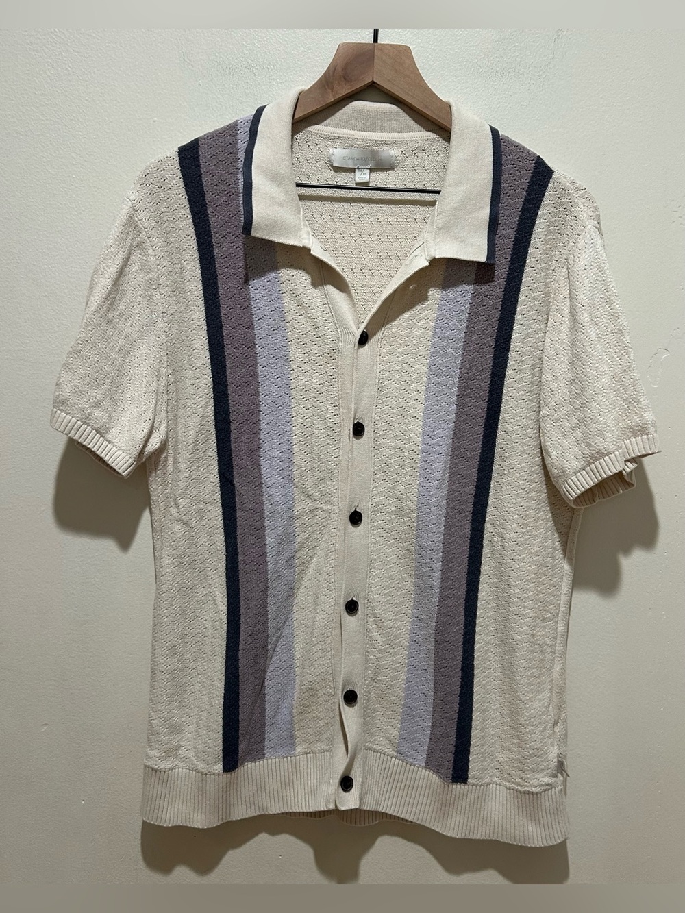 Standard Cloth Bowling Stripe Short Sleeve Sweater Button Up Shirt - Size Medium